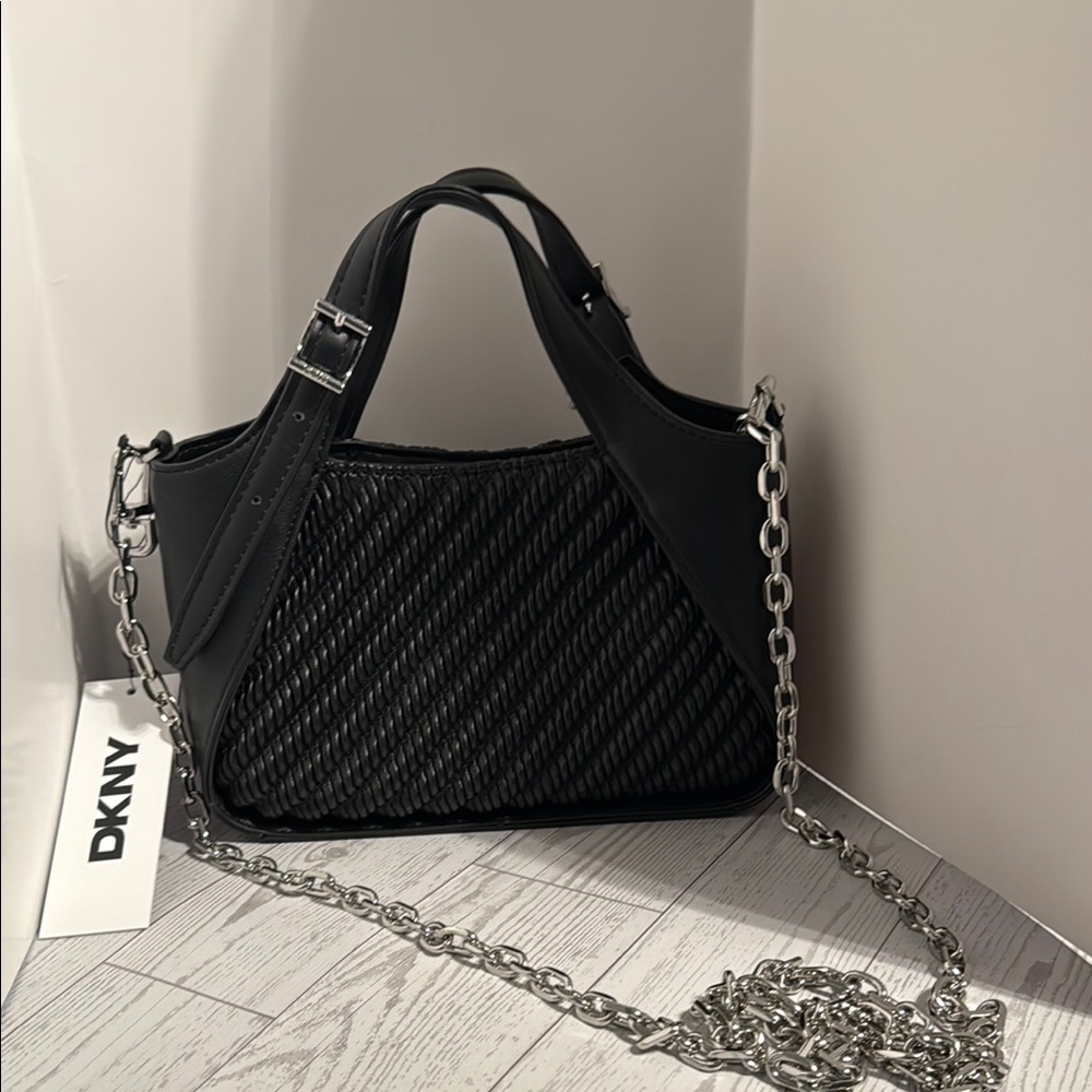 DKNY Black Quilted Shoulder Bag with Silver Chain